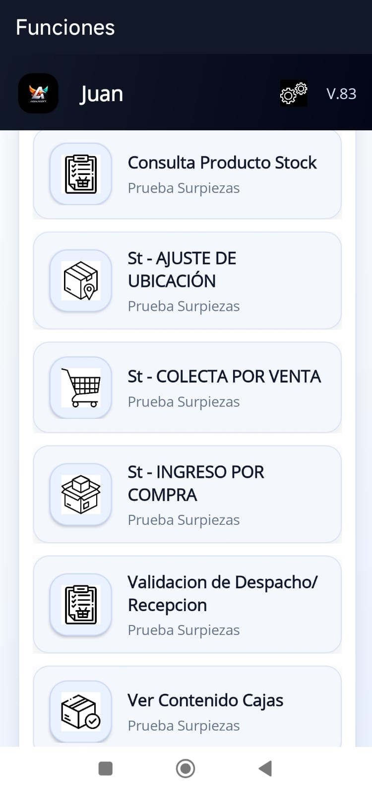 Vista interior de la aplicación móvil AguilaSoft